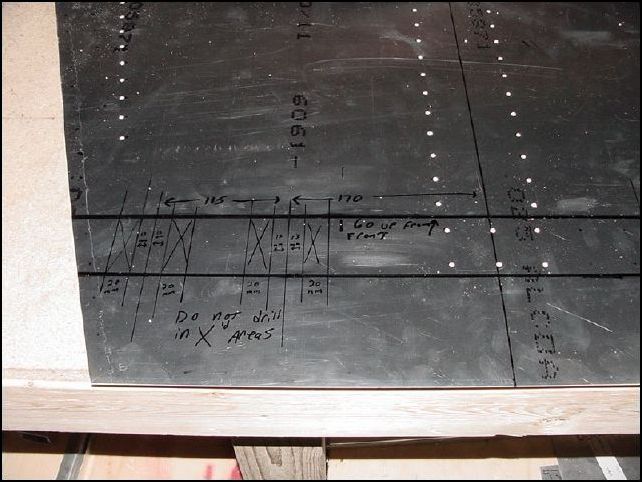 Remove the floor channel and mark the DO NOT DRILL zones.  These zones are where the pedal bearings and cylinder support will be placed.  To do this measure from center line left and right 170mm then 115mm.  From these marks measure left and right 13mm.  From those marks measure 20mm and mark the area as do not drill.  See above image for details.