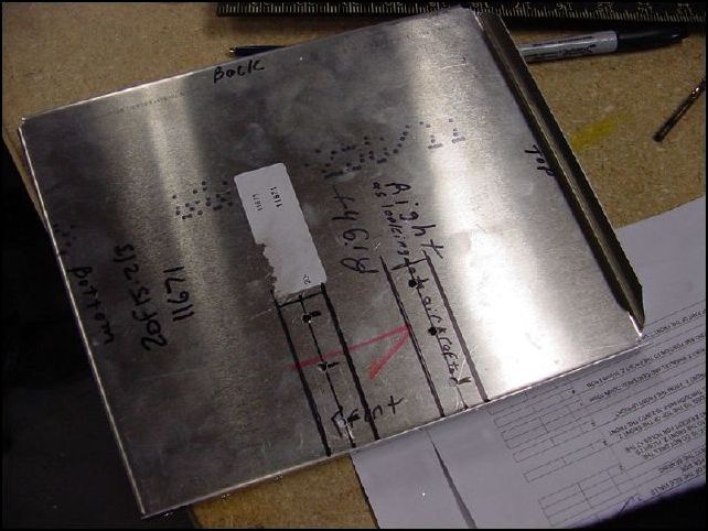 Remove diaphrams, mark a center line where they will connect to the side walls, then measuer 10 mm, 25mm, 25mm for A5 rivets.